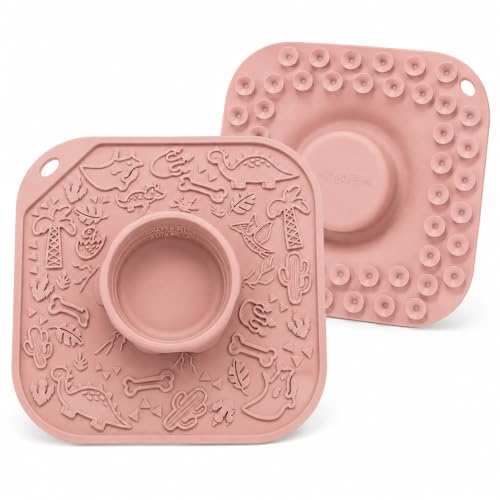 Catchever Dog Feeding Mat with Slow Feeder Bowl, Silicone Dog Feeding Mat & Lick Mat for Treats, Non-Slip Suction Pet Licking Mat for Peanut Butter, Wet Food, Treats, Dogs & Cats, Pink