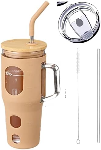 LAVIVA BONNY 32oz Reusable Glass Tumbler, Straws & Bamboo Lid, Borosilicate Glass Bottle & Handle, Durable Silicon Sleeve & Time Marker, Traveler Mug Fit Cup Holder No Splash BPA Free (Amber)