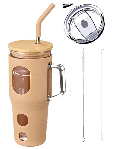 Laviva Bonny 32Oz Reusable Glass Tumbler, Straws & Bamboo Lid, Borosilicate Glass Bottle & Handle, Durable Silicon Sleeve & Time Marker, Traveler Mug Fit Cup Holder No Splash Bpa Free (Amber) #TOP8