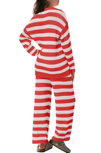 Image of SENSERISE Womens Striped Set Sweater Lounge Sets | Pajamas Set, Loungewear Set, Oversized Knit Sweater, Wide Leg Pants with Pockets, Fall Outfits, Pants Set