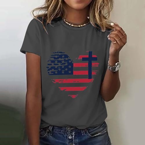 Camisetas femininas 4th of July 2024 Heart American Flag Graphic Casual Manga Curta Gola Redonda Plu