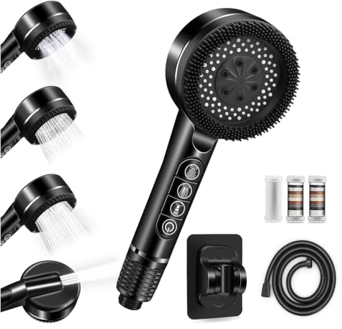 Pommeau deouche Haute Pression, Pommeau Douche Economie Deau 4 Types de Jets Pommeau de Douche Anti Calcaire avec Tuyau Douche 1.5M et Support de Douche, avec...
