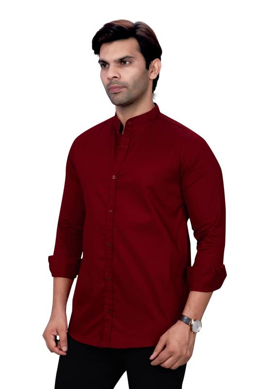 Image of Men's Cotton Solid Regular Fit Mandarin Collor Shirt - Maroon