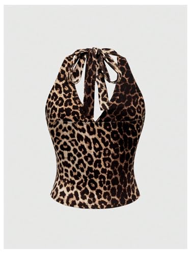 WDIRARA Women's Leopard Print Ruched Halter Crop Tops V Neck Tie Back Sleeveless Slim Fit Cami Tops2