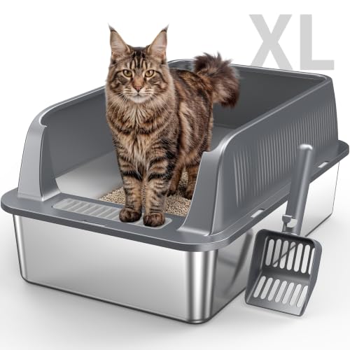 Edelstahl Katzentoilette Offen Hochseitig, Dunkelgrau, 1 Stück | Herausnehmbare Wanne, Inklusive Schaufel, Einstiegshilfe, Hohe Seitenwände, Kratzfest, Geruchshemmend Für Große Katzen