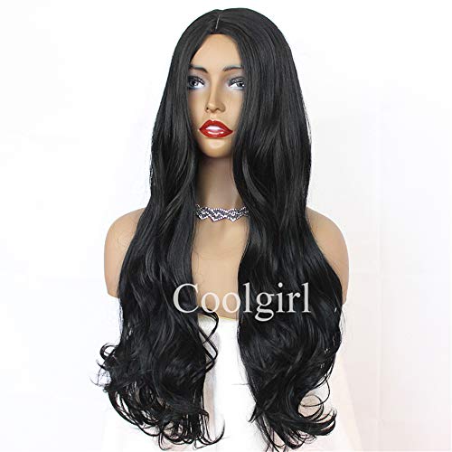 Peluca de pelo largo Missyvan, color negro, parte lateral, sintético, sin encaje, parte superior de seda, parte profunda, pelucas de pelo largo, resistente al calor, pelo de fibra de 61 cm