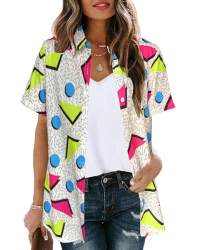 80s 90s Outfits Women Hawaiian Retro Birthday Party Button Down Shirts Disco Neon Short Sleeve Blouse Tops2