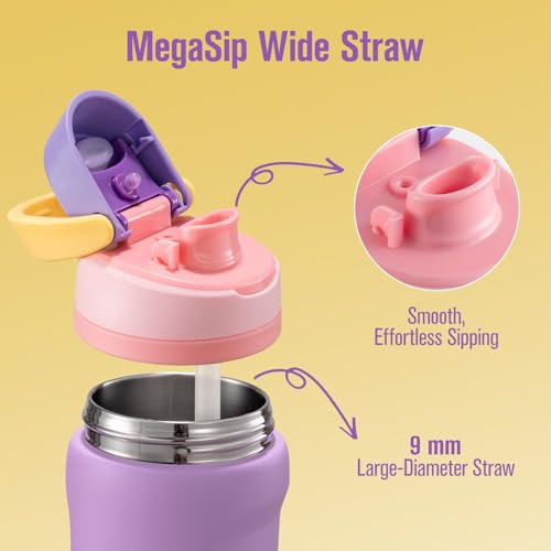 Image of Coolflask MegaSip Insulated Water Bottle 24 oz with Straw, Wide Mouth Water Bottles Leak-Proof, 24+ Hours Cold, BPA-Free Dishwasher Safe, Metal Water Flask for Sports Gym Work Office, Sunrise Purple