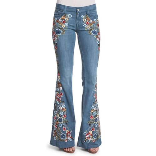 Flare Jeans for Women Vintage Floral Embroidery Skinny Jeans Mid-Rise Stretchy Trendy Bootcut Y2K Denim Pants 2024