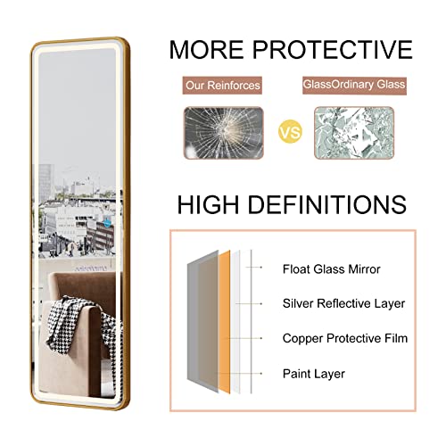 Full Length Mirror Lighted 63"X22",Hong.coo Led Free Standing Floor Mirror,Wall Mounted Hanging Mirror With Lights,Makeup Vanity Mirror,Bedroom Full Size Body Mirror With Dimming & 3 Color Modes Gold #TOP2