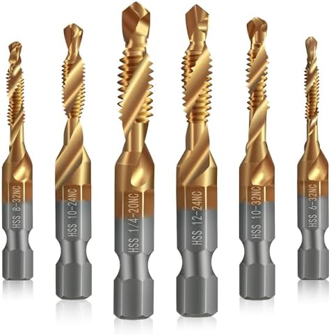 Junreox 6 Pack Combination Drill and Tap Set, 1/4” Hex Shank, HSS Titanium