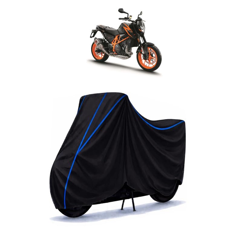 Image of KTM 650 Duke Bike Cover Water Resistant Universal Motorcycle Rain | Heavy Duty UV Protection, Dust, Scratch Indoor Outdoor All Weather with Black Blue Piping Elastic