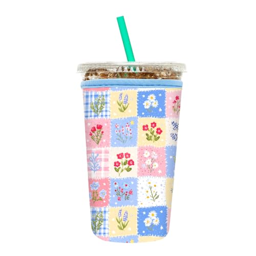 Image of Insulated Neoprene Cup Sleeve for Iced Coffee & Cold Soda - Reusable & Sweatproof, Keeps Drinks Cold Longer, Coffee Coolie for Hot & Iced Drinks (Gingham Floral, Medium: 22-24oz)
