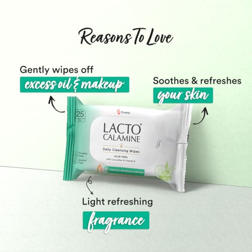 Image of Lacto Calamine Daily Cleansing Face Wipes 25N Each - Pack of 2 | Makeup Remover Wipes | Wet Tissue for Face with Aloe Vera, Cucumber & Vitamin E | Wet Wipes for Women & Men | Paraben & Alcohol Free
