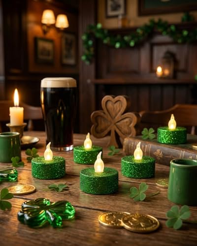 Image of Green Tea Lights with Timer, Glitter Sparkly Tealights, 12 Pack | for St. Patrick's Day, Holiday, Event, Halloween Decorations, Built-in 6 Hours Timing