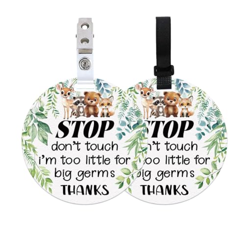 Image of 2 Pack Do Not Touch Signs Stroller Tag Greenery No Touching Car Seat Cute Animals Theme Stop No Touching Safety Sign for Family PVC Seat Sign Signs-Stroller Tag 5 Inches