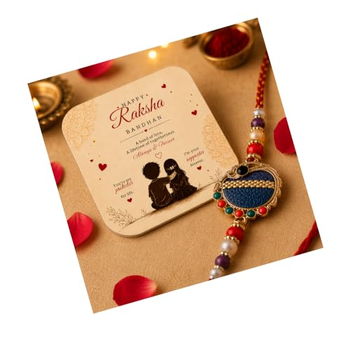 Image of PRINT BHARAT Rakhi for Brother with Coaster, Kumkum & Chawal | Traditional Beaded Thread Rakhi with Royal Kalai Thread | Raksha Bandhan Gift Hamper