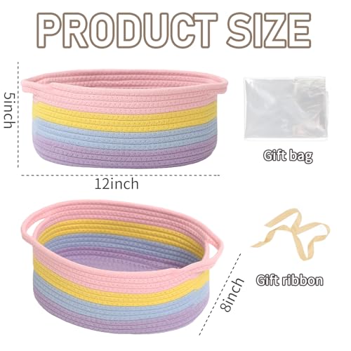 Image of JMvicyroam Small Woven Basket, Empty Gift Basket, Rainbow /1 Pack | Small Gift Basket, Cotton Rope, 12 x 8 x 51 in, Handles, Includes Ribbon and Bag, Birthday Gift Basket