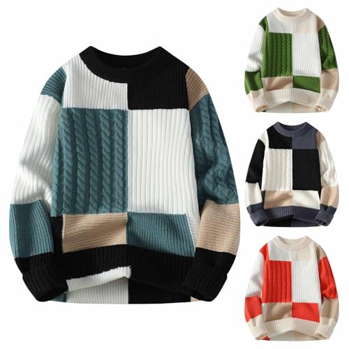 Cambkatl Men's Color Block Cable Knitted Sweaters, Cozy Winter Crewneck Loose Long Sleeve Pullover Casual Sweater Tops2