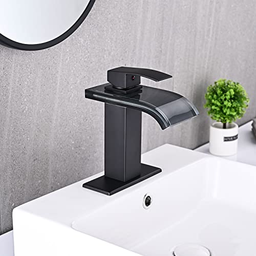 Avsiile Led Bathroom Sink Faucet, Matte Black Waterfall Single Hole Handle Rv Bath Vanity Faucets For Sinks 1 Hole With Metal Pop Up Drain And 2 Water Supply Lines, Wide Glass Spout #TOP4