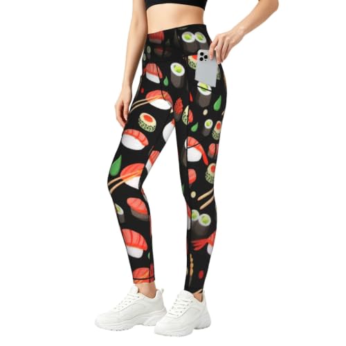 Pantalones de yoga para mujer con estampado de sushi y bolsillos laterales