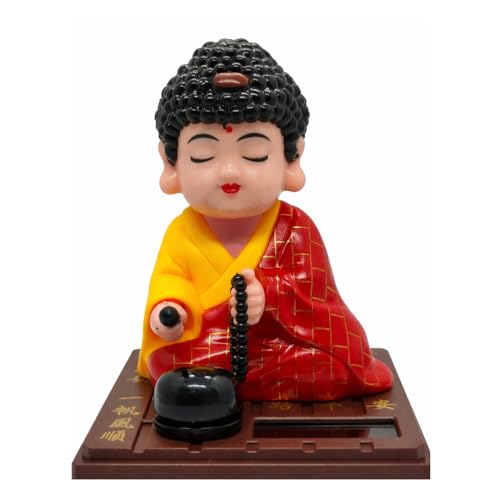 Image of Solar-Powered Moving Head Buddha Statue| Feng Shui Monk Figurine for Positive Energy, Peace & Prosperity | Shaking Head Buddha Idol for Car Dashboard, Home & Office Decor (Red and Yellow)