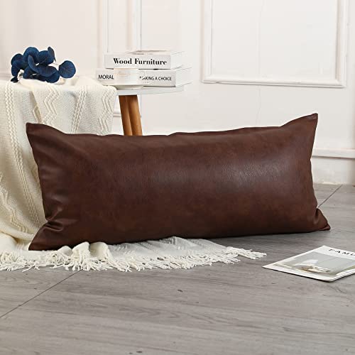 PANOD Decorative Lumbar Throw Pillow Covers 16 x 36,Premium Faux Leather Long Pillow Covers Cushion Case for Farmhouse Sofa Couch Bed Livingroom,Modern Boho,Vegan Dark Brown