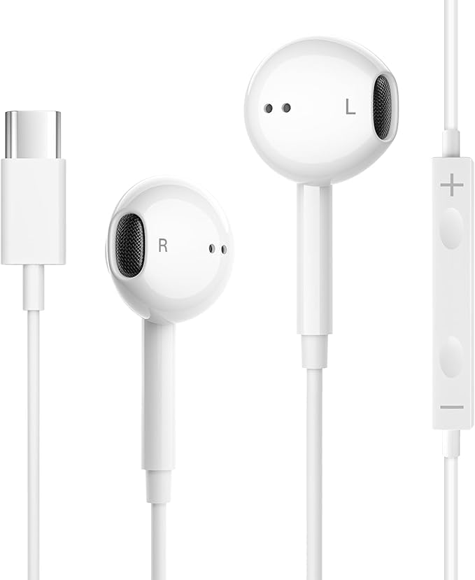 Image of USB C Headphones Wired Type-C Earbuds Compatible with iPhon 15 /15 Plus / 15 Pro / 15 Pro Max Wired Earphones Noise Isolation Deep Bass Stereo Sound Headset with Mic Headphones (White, M)