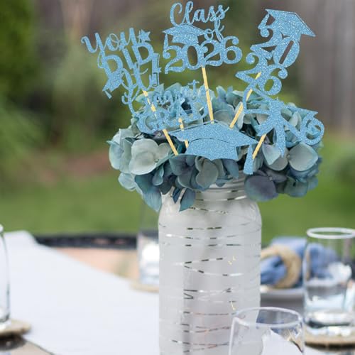 Image of Graduation Centerpiece Sticks 24PCS Glitter Grad Picks Party Table Decor Senior High School College Sign Light Blue
