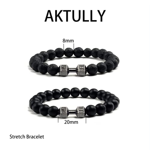 Black Charm Dumbbell Bracelet For Men Gym Bros Bracelet 8Mm Natural Volcanic Lava Stone Stretch Beads Bracelet Gym Yoga Anxiety Beaded Bracelet Fitness Barbell Jewelry For Men #TOP3