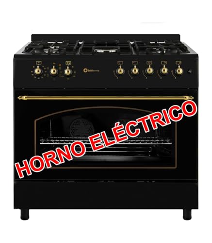 SOLTHERMIC F9L50E5R COCINA GAS CON HORNO ELECTRICO NEGRA RUSTICA CON MANDOS DORADOS/ANCHO 90 CMS / 5 FUEGOS/HORNO PANORAMICO 115 L. / GAS BUTANO Y GAS CIUDAD/ENTREGA A DOMICILIO