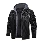 HOOD CREW Men’s Casual Stand Collar PU Faux Leather Zip-Up Motorcycle Bomber Jacket With a Removable Hood - Image 4