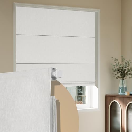 Boolegon No Drill Cordless Roman Shades for Windows, No Fray Blackout Roman Blinds No Tools, Easy Install for Indoor Windows,Living Room,Bathroom, Bedroom, White, Custom Size