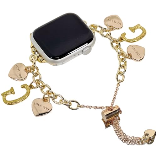 コンパチブル Apple Watch バンド 49mm 46mm 45mm 44mm 42mm 41mm 40mm 38mm 対応 ゴールド合金ブレスレット ハート&選べるアルファベットチャーム付きiWatch Series 10 9 8 7 6 5 4