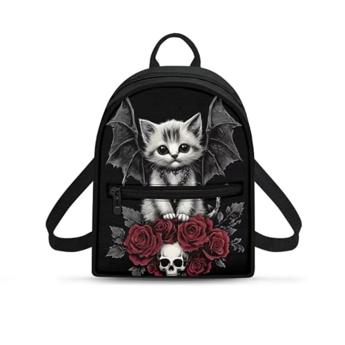 Snilety Mini mochila feminina pequena bolsa com bolsos lona viagem mochila alça ajustável bolsa de trabalho, Caveira de gato, P