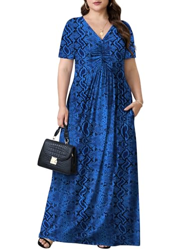 Image of PEVRL Plus Size Summer Maxi Dress for Curvy Women with Pockets 1X-5X | Short Sleeve, Twisted Front V-Neck, Summer Casual A Line Flowy Dress, Empire Waist Floral Print Beach Vacation Long Dress