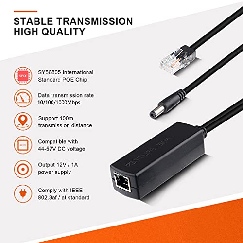 Gigabit Active PoE Power Over ethernet Splitter Adapter 48V to 12V, DC Jack 5.5x2.1mm, IEEE 802.3af/at Compliant 10/100/1000Mbps PoE Splitter with 12V Output for Surveillance Camera CCTV & VoIP Phone