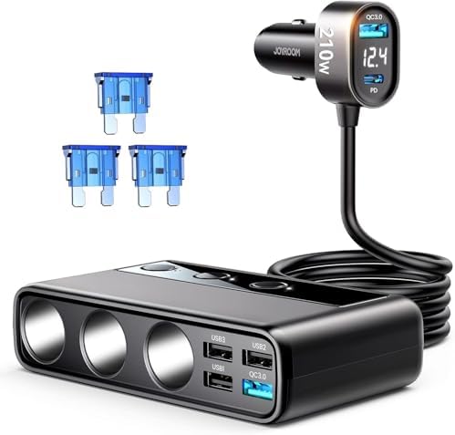 9 in 1 Car Charger Adapter, JOYROOM 3 Socket Cigarette Lighter Splitter with PD/QC 3.0 * 2 Charge(3.3FT Cable), 210W 12V/24V Independent Switches DC Cigarette Outlet Car Charger for All Car Devices