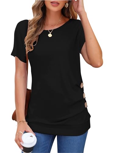 MOLERANI Women's Casual Short Sleeve Round Neck Loose Tunic T Shirt Blouse Tops, Black, L