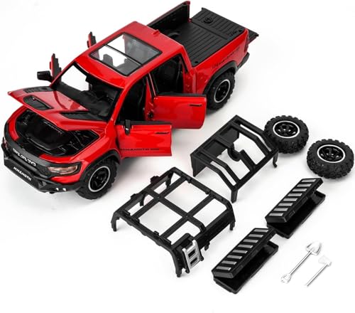 Image of 1 /32 Ram Pickup Truck Diecast Model Toy Car Metal Truck with Sound & Light Pull Back Friction Powered Toy Vehicle Openable Doors Collectible Gift for Kids & Boys (Red)