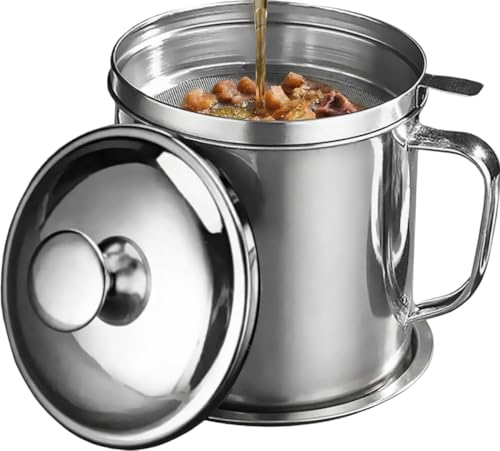U10SIL 1.8L Stainless Steel Oil Strainer Pot Storage Can Cooking Soup Grease Strainer with Fine Mesh Filter & Lid – Multi-Purpose Cooking Oil Container for Kitchen