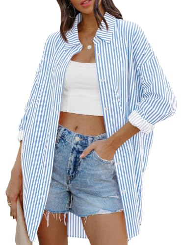 Image of FSHAOES Womens Oversized Button Down Shirts Casual Loose Long Sleeve Solid Lapel Long Blouses Tops with Pockets