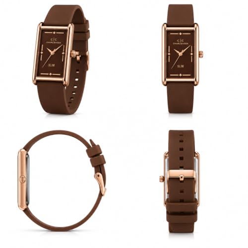 Image of CHARLIEKEEN Slim Rectangular Mens Analog Watch (Brown, Brown, Rose Gold) | SILICONE STRAP