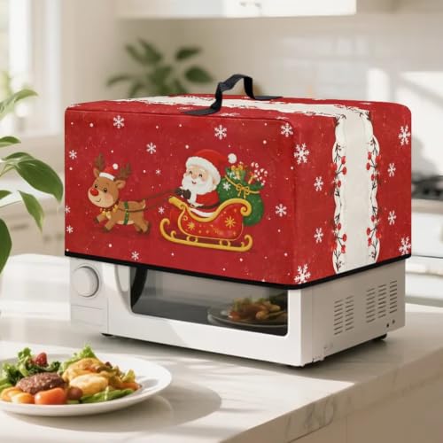 Image of Microwave Cover for Christmas Holiday Decor, Dustproof Small Electrical Appliance Protector Kitchen Decor, L, 20.9 x 15.7 x 12.4 Inches, Santa Claus Reindeer Red Print
