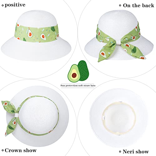 Womens Straw Sun Hat Summer Beach Wide Brim Uv Protection Hats With Chin Strap White Avocado Floppy Foldable Packable Ladies Fashion Cute Bowknot Travel Upf 50 Cap For Girls #TOP26