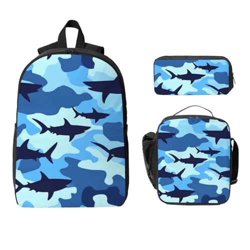 Backpack For Unisex, Water Resistant Backpack With Insulated Lunch Bag & Pencil Pouch (for Cool Blue Shark Camo)2