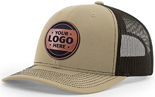 Custom Trucker Leather Patch Hat Laser Engraved - Khaki/Coffee