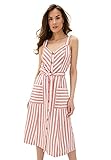 Vestido midi de verano de silueta en A con tirantes anchos y escote corazón. El modelo confeccionado en tejido natural de algodón con añadido de lino tiene cuerpo elástico por detrás, bolsillos laterales de parche.