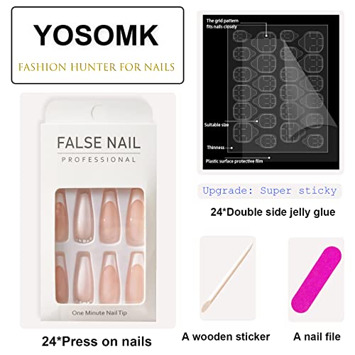 Yosomk Pink French Tip Press On Nails Long With Rhinestones Designs False Fake Nails Press On Coffin Artificial Nails For Women Stick On Nails With Glue On Static Nails #TOP1