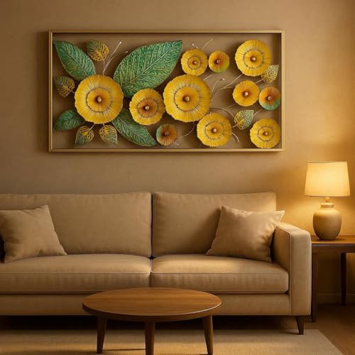 JVI Craft Metal Wall Art – Yellow Flowers with Big Green Leaves with LED Hanging Wall Decor Metal Artwork for Living Room, Bedroom, Hotel & Café | 48 * 22 Inches